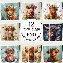 Load image into Gallery viewer, Floral Highland Cow 20 oz Tumbler Bundle Digital Download