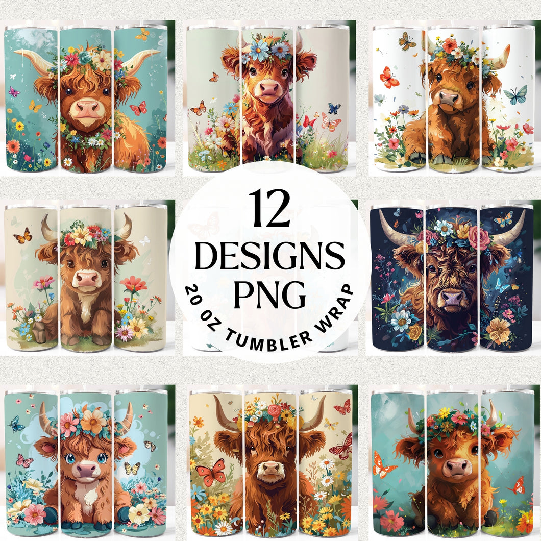 Floral Highland Cow 20 oz Tumbler Bundle Digital Download