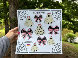 Sticker Sheet Coquette Ghosts  12 x 12 inch Sheet with Various Size Stickers