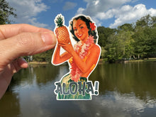 Load image into Gallery viewer, Sticker | 59F | Aloha Girl with Pineapple| Waterproof Vinyl Sticker | White | Clear | Permanent | Removable | Window Cling | Glitter | Holographic