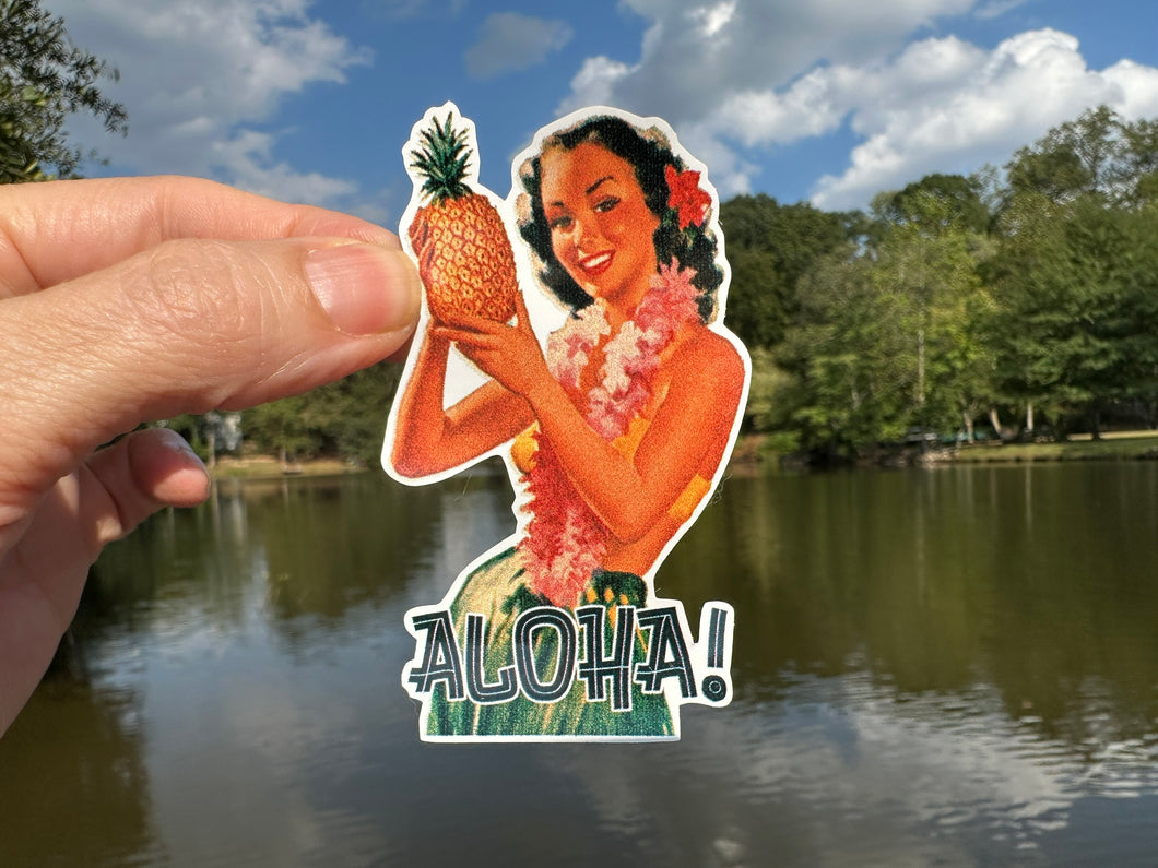 Sticker | 59F | Aloha Girl with Pineapple| Waterproof Vinyl Sticker | White | Clear | Permanent | Removable | Window Cling | Glitter | Holographic