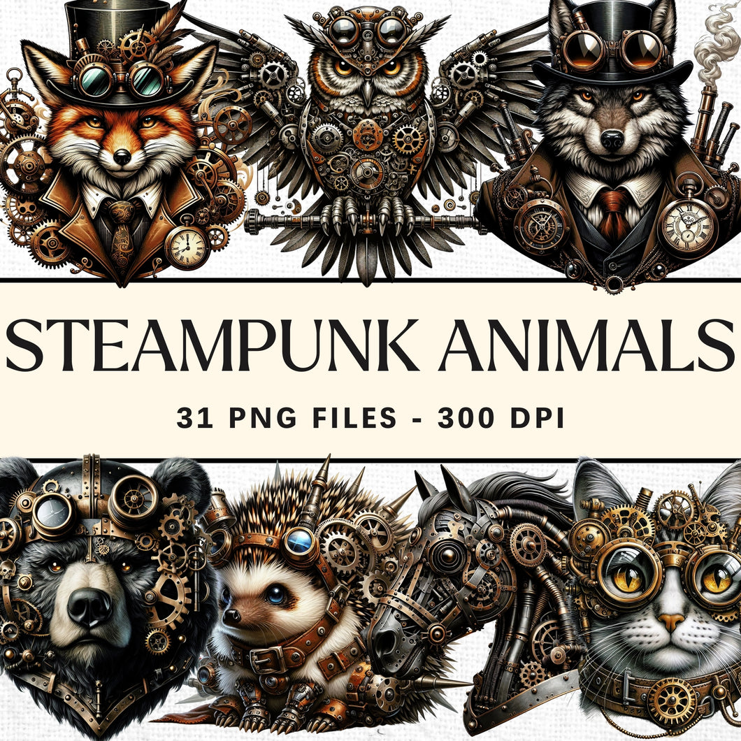 Steampunk Animal Clipart Bundle Digital Download