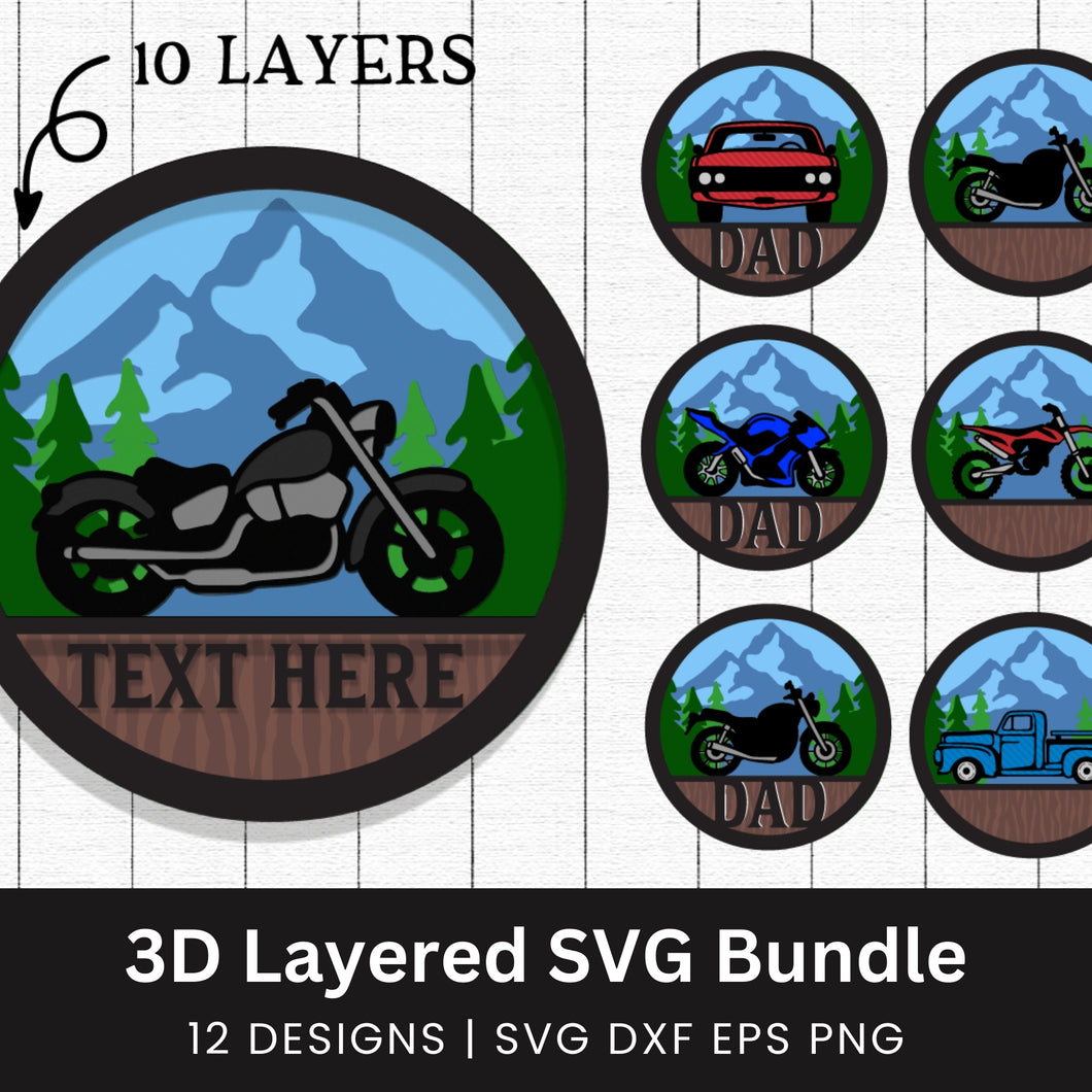 3D Layered Car Truck Motorcycle SVG Bundle