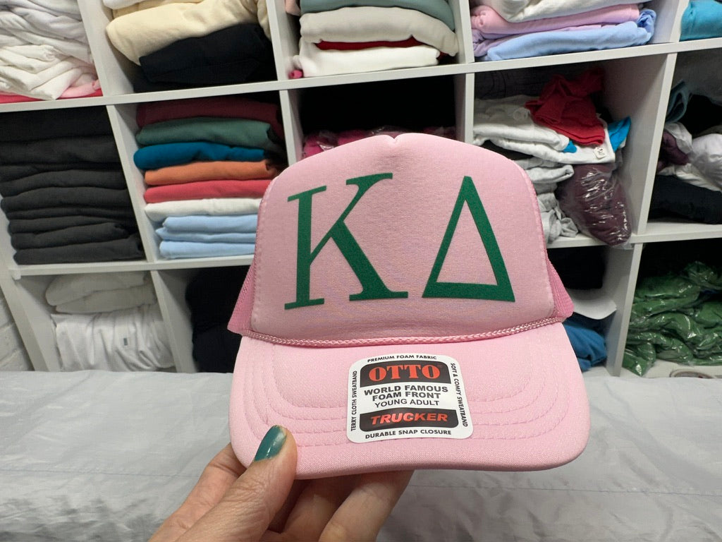 Kappa Delta Sorority Pink Foam Front Mesh Back Trucker Hat KD Greek Letters in Green HTV