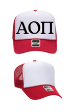 Load image into Gallery viewer, White Foam Front Red Mesh Back Trucker Hat Black Greek Letters Alpha Omicron Pi