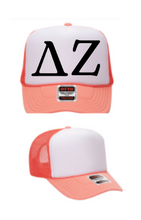 Load image into Gallery viewer, White Foam Front Coral Mesh Back Trucker Hat Black Greek Letters Delta Zeta