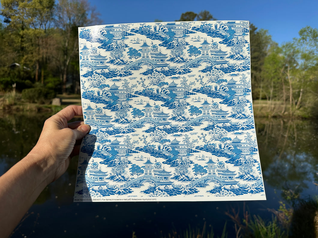 Printed Vinyl & HTV Blue Chinoiserie Toile Pattern 12 x 12 inch sheet