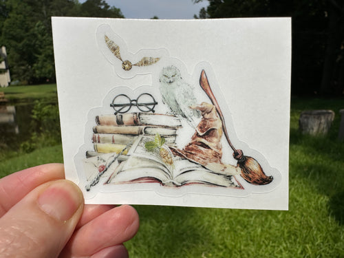 Sticker | 86F | Wizard Books and Snitch | Waterproof Vinyl Sticker | White | Clear | Permanent | Removable | Window Cling | Glitter | Holographic