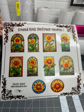Load image into Gallery viewer, Sticker Sheet | Set of CLEAR Sunflower Stained Glass | 3 inch stickers | 12 x 12 sheet permanent adhesive | SUNCATCHER | Window Stickers (set#1)
