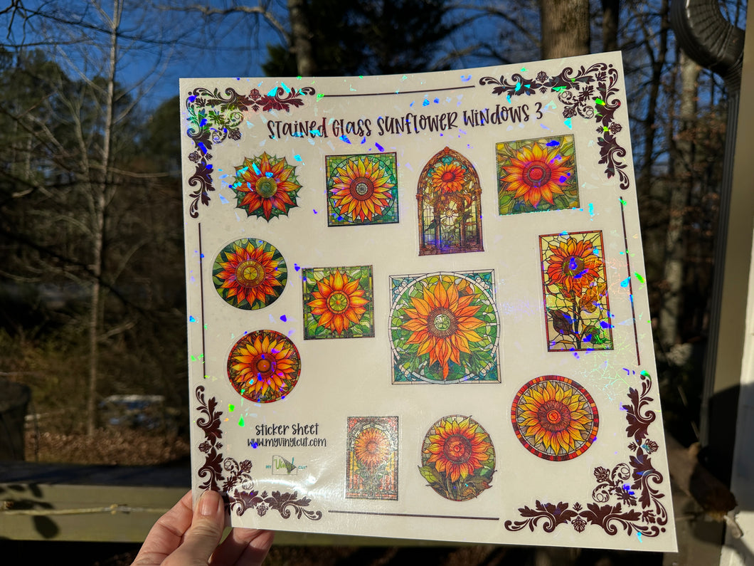Sticker Sheet | Set of CLEAR Sunflower Stained Glass | 3 inch stickers | 12 x 12 sheet permanent adhesive | SUNCATCHER | Window Stickers (set#3)