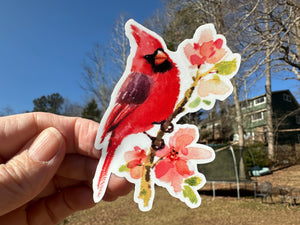 Sticker | 38A | Watercolor Cardinal | Waterproof Vinyl Sticker | White | Clear | Permanent | Removable | Window Cling | Glitter | Holographic