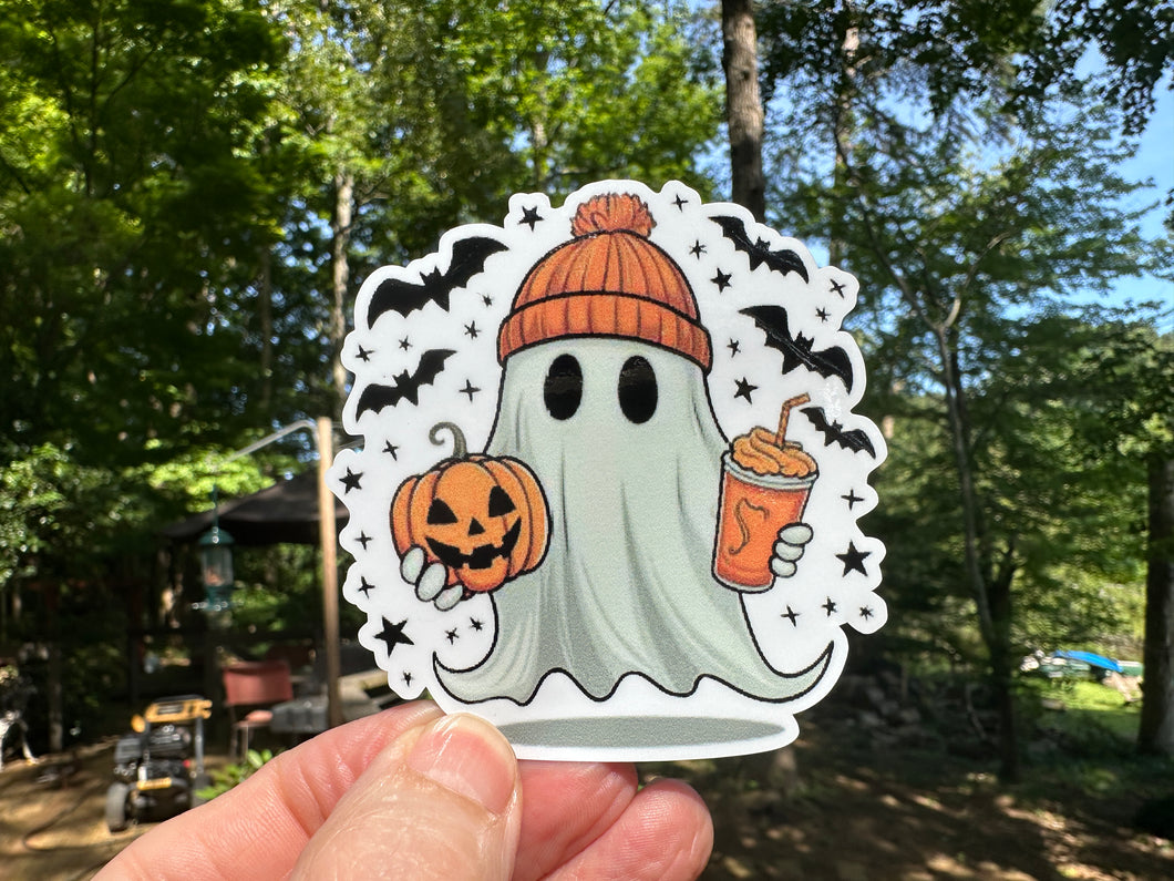 Sticker |  | Ghost with Coffee and Pumpkin | Waterproof Vinyl Sticker | White | Clear | Permanent | Removable | Window Cling | Glitter | Holographic