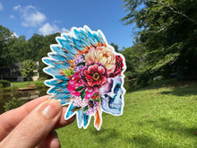 Load image into Gallery viewer, Sticker | 46B | Human Skull with Feather Headdress | Waterproof Vinyl Sticker | White | Clear | Permanent | Removable | Window Cling | Glitter | Holographic
