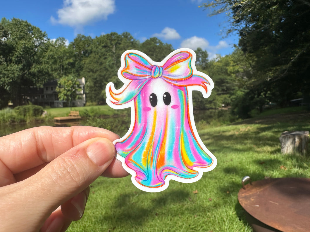 Sticker | Colorful Ghost with Bow | Waterproof Vinyl Sticker | Permanent
