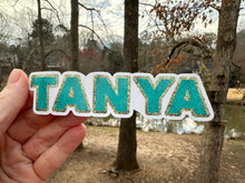 Load image into Gallery viewer, Custom Name Sticker in Faux Chenille Font Gold or Silver Border One name up to 4 inches wide