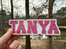 Load image into Gallery viewer, Custom Name Sticker in Faux Chenille Font Gold or Silver Border One name up to 4 inches wide