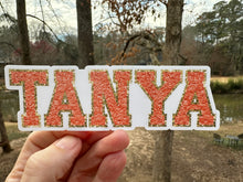 Load image into Gallery viewer, Custom Name Sticker in Faux Chenille Font Gold or Silver Border One name up to 4 inches wide
