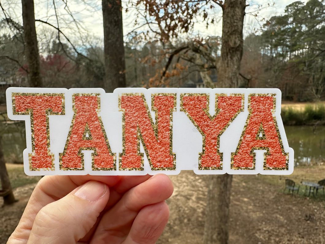 Custom Name Sticker in Faux Chenille Font Gold or Silver Border One name up to 4 inches wide