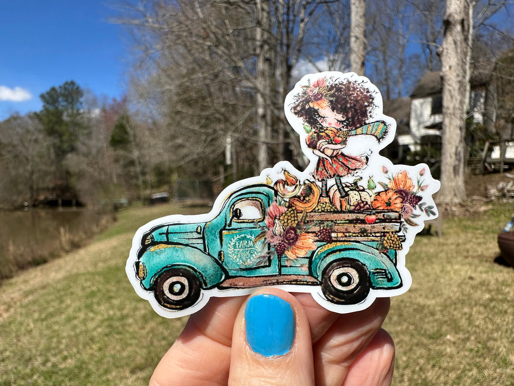 Sticker 28E Fall Market Vintage Truck with Girl, Brown Curly Hair