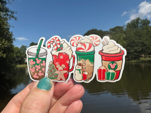 Sticker | 53L | Coffee Drinks Christmas Theme | Waterproof Vinyl Sticker | White | Clear | Permanent | Removable | Window Cling | Glitter | Holographic