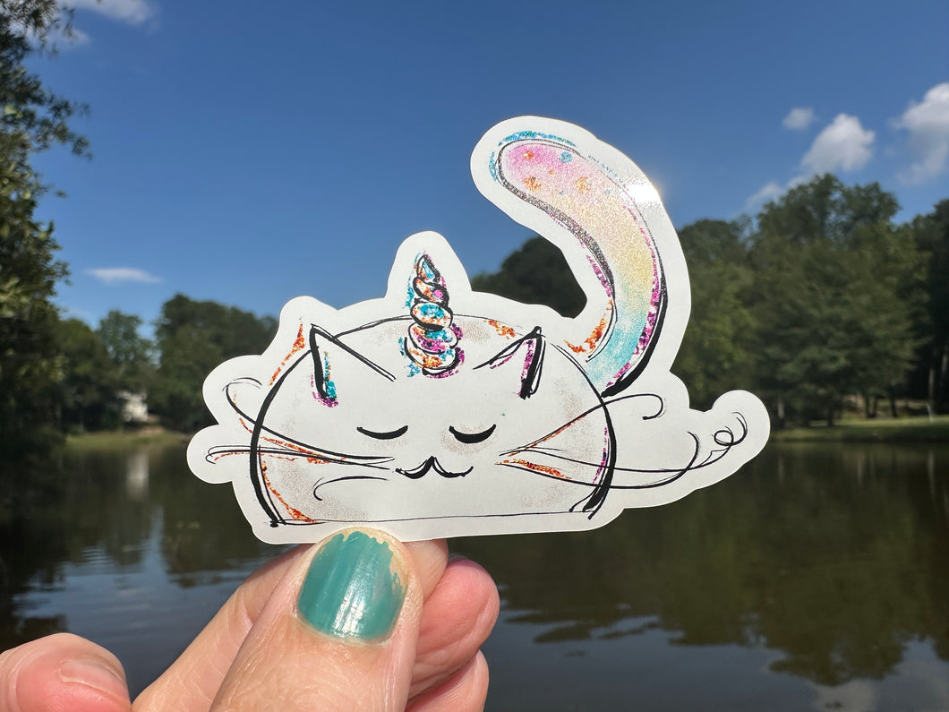 Sticker | 44D | Unicorn Cat | Waterproof Vinyl Sticker | White | Clear | Permanent | Removable | Window Cling | Glitter | Holographic