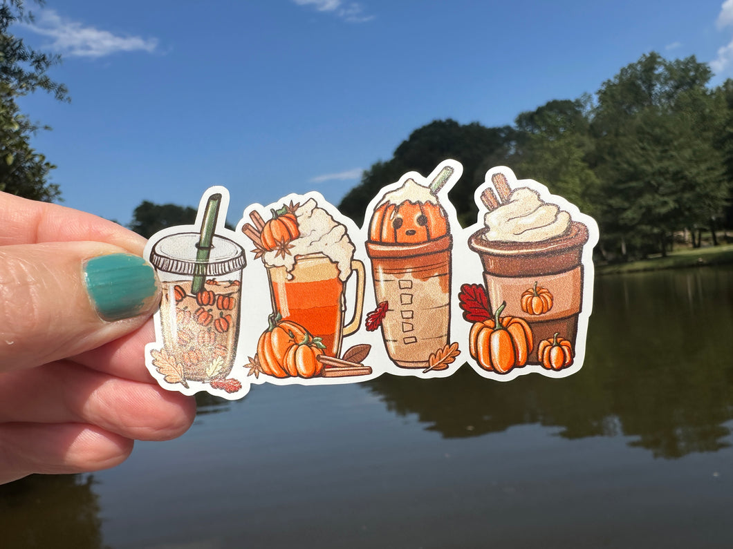 Sticker | 53C | Fall Coffee Drinks | Waterproof Vinyl Sticker | White | Clear | Permanent | Removable | Window Cling | Glitter | Holographic