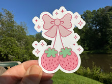 Load image into Gallery viewer, Sticker | B | Coquette Strawberries | Waterproof Vinyl Sticker | White | Clear | Permanent | Removable | Window Cling | Glitter | Holographic