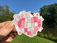 Load image into Gallery viewer, Sticker | D | Coquette Disco Ball Heart | Waterproof Vinyl Sticker | White | Clear | Permanent | Removable | Window Cling | Glitter | Holographic