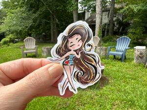 Sticker | 79I | Girl with Brown Hair | Waterproof Vinyl Sticker | White | Clear | Permanent | Removable | Window Cling | Glitter | Holographic