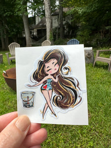 Sticker | 79I | Girl with Brown Hair | Waterproof Vinyl Sticker | White | Clear | Permanent | Removable | Window Cling | Glitter | Holographic