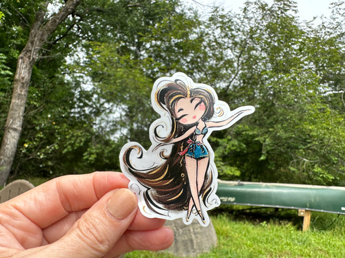 Sticker | 79G | Girl with Long Brown Hair | Waterproof Vinyl Sticker | White | Clear | Permanent | Removable | Window Cling | Glitter | Holographic