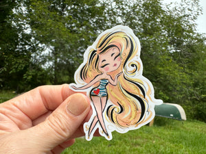 Sticker | 79O | Girl with Blonde Hair | Waterproof Vinyl Sticker | White | Clear | Permanent | Removable | Window Cling | Glitter | Holographic