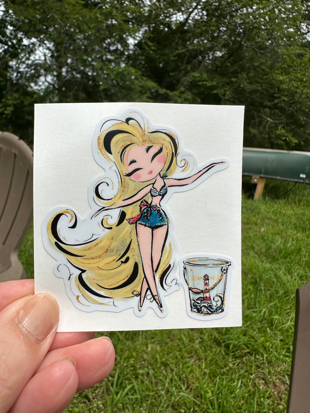 Sticker | 79K | Girl with Long Blonde Hair | Waterproof Vinyl Sticker | White | Clear | Permanent | Removable | Window Cling | Glitter | Holographic