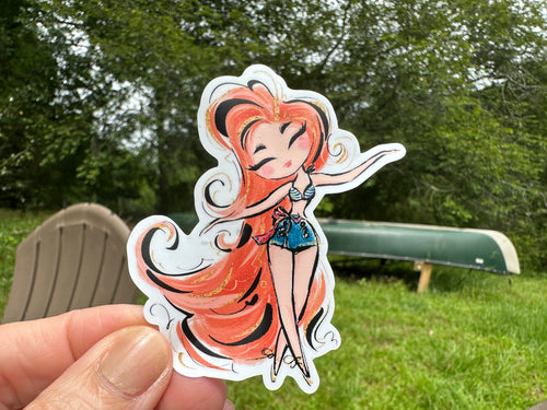 Sticker | 79L | Girl with Long Red Hair | Waterproof Vinyl Sticker | White | Clear | Permanent | Removable | Window Cling | Glitter | Holographic