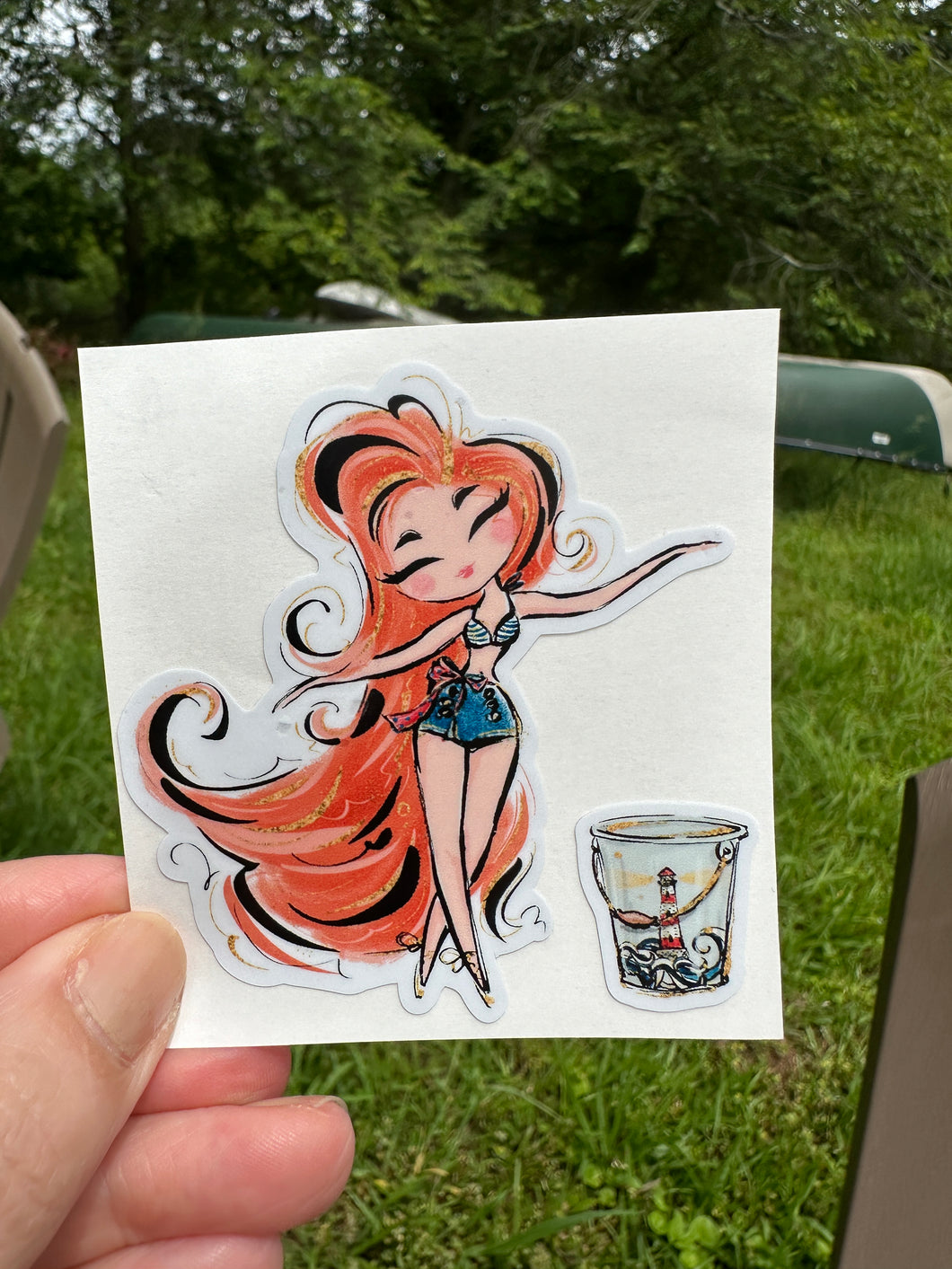 Sticker | 79L | Girl with Long Red Hair | Waterproof Vinyl Sticker | White | Clear | Permanent | Removable | Window Cling | Glitter | Holographic