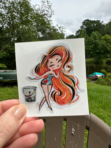 Sticker | 79P | Girl with Red Hair | Waterproof Vinyl Sticker | White | Clear | Permanent | Removable | Window Cling | Glitter | Holographic