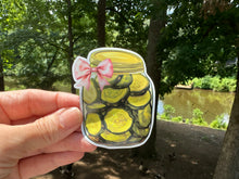 Load image into Gallery viewer, Sticker | B | Coquette Jar of Sliced Pickles | Waterproof Vinyl Sticker | White | Clear | Permanent | Removable | Window Cling | Glitter | Holographic