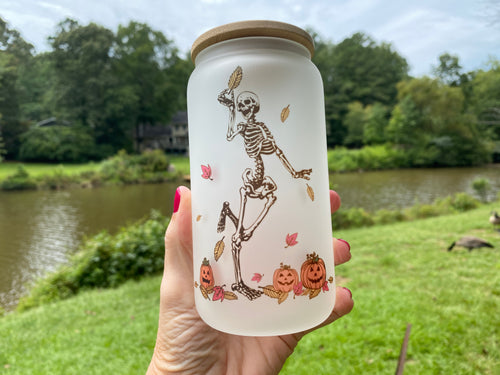 Drinkware 16 oz Frosted Glass Soda Can Shaped Drinking Glass Skeleton in Pumpkin Patch