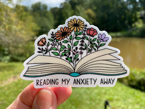 Sticker | 60H | Reading My Anxiety Away | Waterproof Vinyl Sticker | White | Clear | Permanent | Removable | Window Cling | Glitter | Holographic