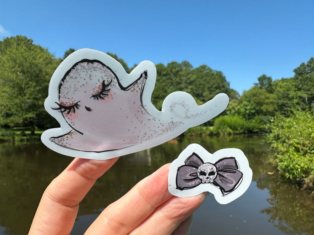 Sticker | 20J Halloween Ghost Bow | Waterproof Vinyl Sticker | White | Clear | Permanent | Removable | Window Cling | Glitter | Holographic