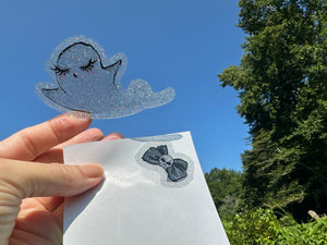 Sticker | 20J Halloween Ghost Bow | Waterproof Vinyl Sticker | White | Clear | Permanent | Removable | Window Cling | Glitter | Holographic