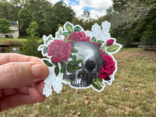 Load image into Gallery viewer, Sticker | 55H | Skull with Flowers | Waterproof Vinyl Sticker | White | Clear | Permanent | Removable | Window Cling | Glitter | Holographic (Copy)