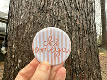 Load image into Gallery viewer, Chi Omega Chi O XO Watercolor Stripes Pin Back Button
