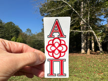 Load image into Gallery viewer, Sticker | Alpha Omicron Pi | AOP H | Vertical with Rose | Waterproof Vinyl Sticker | Permanent