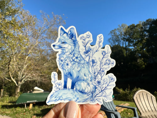 Sticker |  | Blue Toile Chinoiserie Fox | Waterproof Vinyl Sticker | White | Clear | Permanent | Removable | Window Cling | Glitter | Holographic