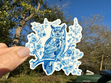 Load image into Gallery viewer, Sticker |  | Blue Toile Chinoiserie Owl | Waterproof Vinyl Sticker | White | Clear | Permanent | Removable | Window Cling | Glitter | Holographic (Copy)