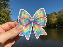 Load image into Gallery viewer, Sticker |  | Holographic Bow | Waterproof Vinyl Sticker | White | Clear | Permanent | Removable | Window Cling | Glitter | Holographic