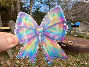 Sticker |  | Holographic Bow | Waterproof Vinyl Sticker | White | Clear | Permanent | Removable | Window Cling | Glitter | Holographic