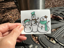 Load image into Gallery viewer, Sticker | 26C | 3 Snowmen | Waterproof Vinyl Sticker | White | Clear | Permanent | Removable | Window Cling | Glitter | Holographic