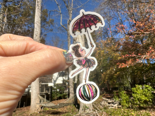 Sticker | 15E | Circus Girl on Ball | Waterproof Vinyl Sticker | White | Clear | Permanent | Removable | Window Cling | Glitter | Holographic